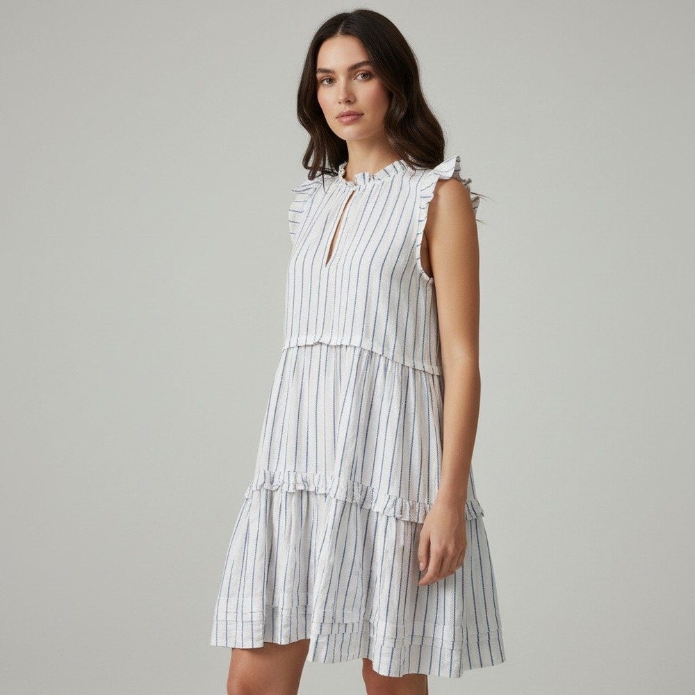 ME+EM Blue White Striped Ruffle Tiered Dress SS22WD261 Size US 6 UK 10 Coastal
